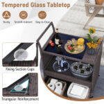 Handwoven PE Rattan Outdoor Bar Cart with Tempered Glass Top & Drawer, 4 Wheels with Brakes Serving Cart for Patio - Image 6