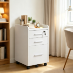 White 3 Drawer Mobile File Cabinet – for Office Document Organization, Lockable, Edged Top, Rolling - Image 7