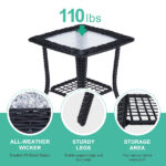 Outdoor Wicker Side Table, Rattan End Table with Glass Top, Patio Coffee Bistro Table for Indoor Garden Porch Balcony, Black - Image 9