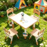 Height Adjustable Kids Desk and 4 Chairs Set, Graffiti Wipeable Tabletop Toddler Activity Table with Storage Baskets Natural - Image 2