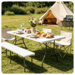 White 71 Inch Portable Foldable Camping Table, HDPE Waterproof Easy Clean Plastic Outdoor Table with Lockable Metal Legs, Half Fold Design Compact Storage Utility Table for Picnic Wedding Backyard Event - Image 7