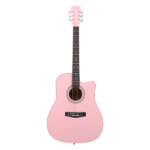 Pink 41-inch Dreadnought barrel-shaped cutaway acoustic guitar with pick, strings, capo, gig bag, tuner, wrench tool, and shoulder strap