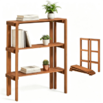 Natural Wood Folding Storage Shelf, Slatted Drainage Design Portable Display Rack for Indoor Outdoor Shoe & Plant Organizer 3-Tier Storage Shelves - Image 2