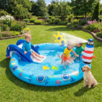 74 " Inflatable Marine Spray Pool with Shark Slide & Lighthouse Sprinkler, Kids Water Play Center for Backyard - Image 2
