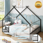 Full Size Metal House Bed Frame, Montessori Floor Bed with Safety Side Guard Rails, No Box Spring Needed, House-Shaped Platform Bed for Kids Toddlers Boys Girls, Black - Image 7