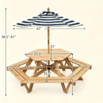 6-Seat Hexagonal Kids Picnic Table with Umbrella, Solid Fir Wood Outdoor Table & Bench Set for Backyard Garden, Age 3–8 - Image 8
