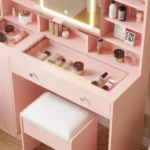 LED Tri-Color Lighting Dressing Table Set Particleboard with Textured Melamine Finish Dressing Table with Power Strip 5-Drawer Dressing Table with Shelves and Hooks 47.24*15.75*53.54in Apple Pink - Image 12