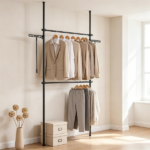 Floor to Ceiling Tension Clothes Rack No Drill Heavy Duty Carbon Steel Garment Organizer, Adjustable Width & Height Closet System with 2 Vertical Rods Drying Rack Reacher Pole for Rental Apartment Black - Image 7