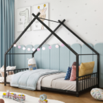 Black House Shaped Twin Size Kids Metal Bed with Side Rails, Platform Bed No Box Spring Needed, Safe & Sturdy Metal Frame for Kids Toddlers, US Standard Size - Image 12