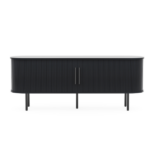 Black Embossed Particle Board TV Stand, Oval Tabletop 147×35×58cm, Entertainment Center with Slatted Sliding Doors, Modern Media Console Cabinet for Living Room - Image 11