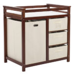 Brown painted pine wood frame children's bed with removable top, 87*53*87.5cm, includes 3 fabric drawers and 1 fabric bag, and a changing table - Image 5