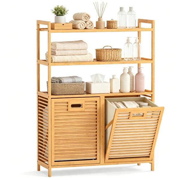 fa5871a5-3596-4f48-9eec-afda1776bf26.png Natural Bamboo Tilt Out Laundry Hamper Cabinet with 2 Removable 7 Gallon Fabric Baskets, Open Storage Shelves Ventilated Slatted Design Anti-Tip Laundry Sorter for Bathroom Bedroom Laundry Room - Image 1