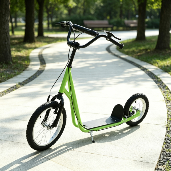 fa5f1b2b-bb2b-47ed-a568-265ab743ef39.png Green Teens Kids Ride-On Scooter: Height Adjustable Handlebar, Dual Brakes, Pneumatic Wheels – Safe Toy for Children 5 and Up - Image 1