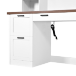 Farmhouse Arched Computer Desk with Hutch, Mid-Century Walnut Home Office Workstation with Charging Station & Keyboard Tray, All-in-One Writing Desk with File Drawer for Study, Office, White - Image 2