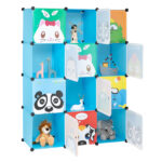 4-Layer 12-Grid 2-Hanging Rod Magic Cube Wardrobe, Plastic + Steel Wire Material with Animal Pattern, Pattern Door Blue Cabinet - Image 8