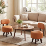 2-Piece Orange Small Footstools, Faux Leather Upholstery & Solid Rubber Wood Legs, 330LBS Load Capacity - Image 3