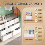 8 Drawers Fabric Cabinet Metal Frame Wide Wood Top Storage Tower TV Stand Clothes Organizer for Bedroom Living Room,White - Image 4
