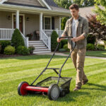 18-Inch 5-Blade Push Reel Lawn Mower with Grass Catcher, Manual Walk-Behind Mower with 4-Level Height Adjustment - Red - Image 2