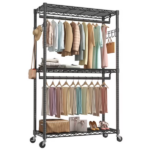 45 Inch Rolling Clothes Rack, Adjustable Metal Shelves, Heavy Duty Clothes Rack with Side Hooks for Household, Laundry Room, Black (Shipment from Walmart)