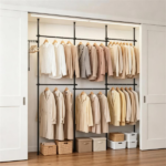 No Drill Floor to Ceiling Tension Clothes Rack, Heavy Duty Carbon Steel Garment Organizer with 4 Vertical Rods 6 Telescopic Hanging Bars, I/L/45° Corner Install Closet System with Drying Rack & Reacher Pole Black - Image 6