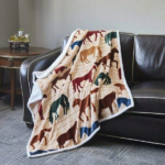 Blanket "Colorful Horses" Beige Plaid Flannel Throw 50" x 60"