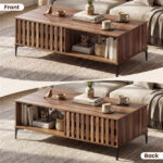 47 Inch Mid-Century Coffee Table with Storage Cabinets & Open Compartment, Walnut Wooden Look Accent Table with Heavy-Duty Metal Legs for Living Room - Image 10