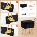 Square Ottoman with Table Top, Comfortable Footrest With Storage, Vanity Stool Suitable for Living Room Bedroom, Black - Image 3