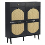 Rattan shoe cabinet with 2 drawers and 4 flip-tops, made of particleboard, 105*24*110cm, black - Image 10
