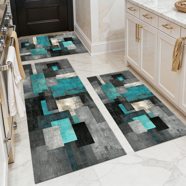 Three-piece kitchen rug set, non-slip and washable, abstract pattern kitchen hallway rug, soft and comfortable, suitable for sinks, floors, entrances, hallways and bathrooms.