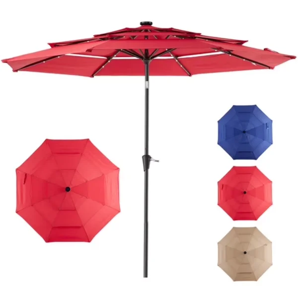 10 FT 3-Layer Solar Patio Umbrella, 32 LED Lights Market Umbrella with Adjustable Tilt, 8-Rib Outdoor Sunshade for Backyard, Deck and Poolside Red (Shipment from Walmart)