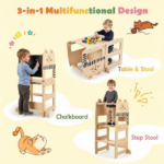 3-in-1 Convertible Toddler Learning Tower Step Stool with Chalkboard, Poplar Wood Flip Design Weaning Table Stool Set Anti-Tip Safety Guardrail 110 LBS Load for Kids 18+ Months Cat Pattern - Image 4