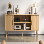 59.05 Inch Low Profile TV Stand - Light Brown Laminate Particle Board Media Console with Double Slatted Doors, Entertainment Center for Living Room & Bedroom - Image 7