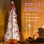 6 FT Fully Decorated Pre-lit Christmas Tree, Pop Up Artificial Xmas Tree with 100 Warm Lights and Red Ornaments for Home Office Store Holiday Deco, White - Image 15