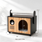 Wooden Cat Cave House with Dual-Use Sisal Scratching Post Handle, Engineered Wood Indoor Cat Condo with Hanging Bell Ball Removable Washable Cushion Anti-Scratch Foot Pads for Small Medium Cats Natural Black - Image 3