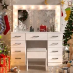 Vanity Desk Set with Large Lighted Mirror and Powre Outlet, Glass Top Makeup Vanity with 9 Drawers, Vanity Table with 12 LED Lights, 3 Lighting Color Adjustable, White - Image 14