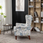Modern Accent Chair with Retro Wood Legs, Comfy Upholstered Armchair, Floral Design Single Sofa Chair for Living Room Bedroom Office - Floral Blue - Image 10