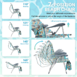 17 Inch Seat Height Beach Chair for Adults, Folding Portable Camping Chair with Headrest, Cup Holder, Side Pocket & Bottom Storage Bag, 7-Position Adjustable Aluminum Beach Chair, Heavy Duty 265 LBS Capacity, Oxford Fabric for Beach, Patio, Pool, Vintage Summer Print - Image 9
