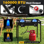  2 Burner Propane Stove 160000 BTU Black Metal Outdoor Propane Burner Stove Adjustable Heat Control, Max 440 LBS Load Heavy-Duty Camping Gas Stove for Stir-Fry Soup Barbecue Picnic Parties - Image 6
