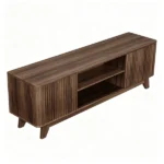 Not selling on Amazon Wood Fluted TV Stand for TVs up to 70 Inch, Mid Century Modern Low Profile TV Console Cabinet with Adjustable Open Storage Shelves & Double Slatted Cabinet Doors, Entertainment Media Center for Living Room, Walnut Brown - Image 6