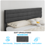 Dark Gray King Size Tufted Platform Bed Frame - Linen-Like Upholstery with Horizontal Stripe Headboard, Soft Padded Design - Image 4