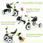 Toddler Tricycle with Rainbow LED Wheels, Foldable 3-in-1 Balance Bike with Carbon Steel Frame, Removable Pedals & Rear Storage Basket - Green - Image 3