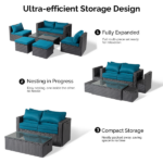 2pcs armless sofa + 2pcs footstool + 1pcs double sofa + 1pcs coffee table with storage black rattan and peacock green cushions, rattan multi-piece set - Image 2