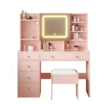 LED Tri-Color Lighting Dressing Table Set Particleboard with Textured Melamine Finish Dressing Table with Power Strip 5-Drawer Dressing Table with Shelves and Hooks 47.24*15.75*53.54in Apple Pink - Image 2