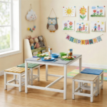 5-piece children's patio table and chair set (1 table + 4 stools), 29.5 inches, blue-khaki, light orange, blue-green color blocking, made of poplar wood - Image 7
