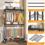 45 Inch Rolling Clothes Rack, Adjustable Metal Shelves, Heavy Duty Clothes Rack with Side Hooks for Household, Laundry Room, Black (Shipment from Walmart) - Image 6