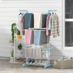 Blue 4-Tier Foldable Clothes Drying Rack with Wheels, Heavy Duty Metal Laundry Hanger Stand for Indoor Outdoor Use - Image 2