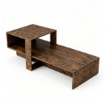 2-Tier Modern Geometric Coffee Table Engineered Wood Low Center Table with Storage Shelf, Waterproof Surface Cross Base Accent Table for Living Room Tea Game Work - Brown - Image 2