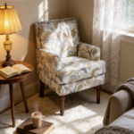 Accent Chair, Floral Armchair, Nailhead Trim, Gold and Grey Decor, Solid Wood Legs, Farmhouse Furniture, Upholstered Slipper Chair, Side Chair, Traditional Print, Wayfair Living Room.