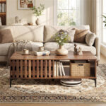 47 Inch Mid-Century Coffee Table with Storage Cabinets & Open Compartment, Walnut Wooden Look Accent Table with Heavy-Duty Metal Legs for Living Room - Image 4