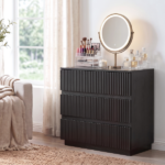 Handleless Grille-Finished 3-Drawer Bedside Table P2 Particleboard + MDF & Melamine Veneer + Thermoformed Drawer Cabinet 23.62*12.99*22.05in Black - Image 14